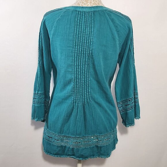 Sundance Women's Size XS Teal Crochet Lace 3/4 Sleeve V-Neck Peasant Top Boho - Picture 7 of 11